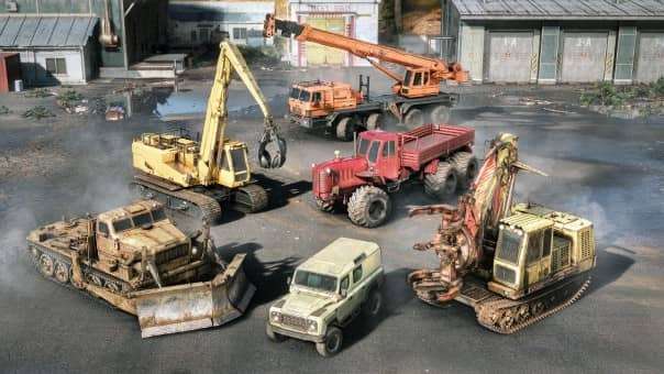 A powerful lineup of trucks and diggers featured in the RoadCraft review, showcasing the game’s diverse machinery.