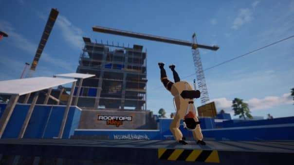 A Rooftops & Alleys runner absorbing impact in a handstand-like pose after a massive jump across rooftops.