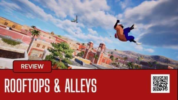 A daring rooftop backflip in Rooftops & Alleys, with the cityscape soaring beneath for dramatic vertical impact.