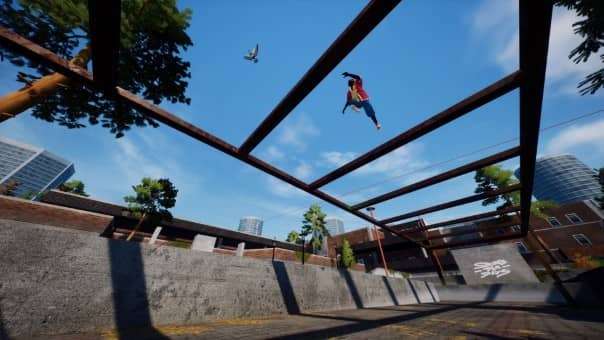 A Rooftops & Alleys character mid-run across overhead beams, viewed from below inside an industrial rooftop.