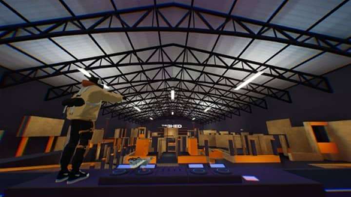 A Rooftops & Alleys runner overlooking a dense warehouse environment packed with crates and storage containers.