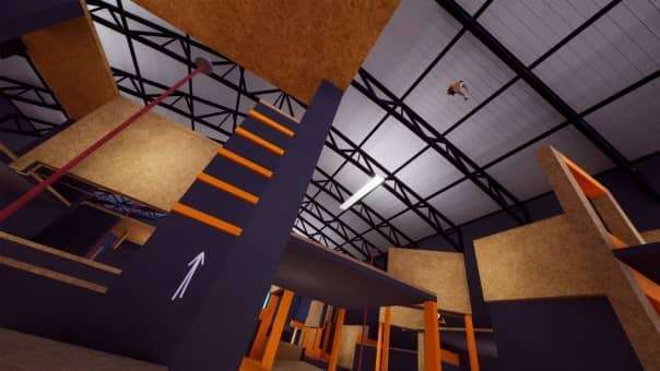 A Rooftops & Alleys runner mid-flip over a hand-built wooden obstacle course inside a gritty warehouse zone.