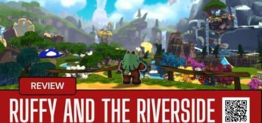 Ruffy looking out over the vibrant world of Ruffy and the Riverside under bright blue skies.