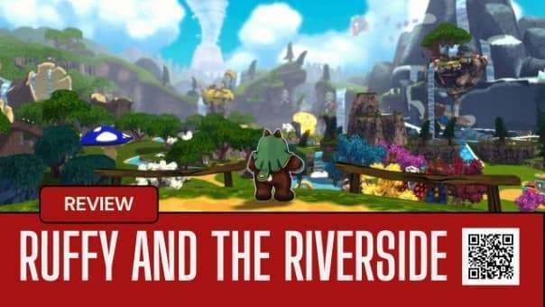Ruffy looking out over the vibrant world of Ruffy and the Riverside under bright blue skies.