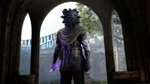 A menacing cleric from Sanctuary Reborn stands near the cathedral, cloaked in mystery and dark intent.