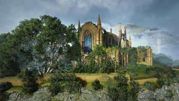 The weathered cathedral in Sanctuary Reborn exudes both warmth and foreboding, hinting at deeper narrative layers.