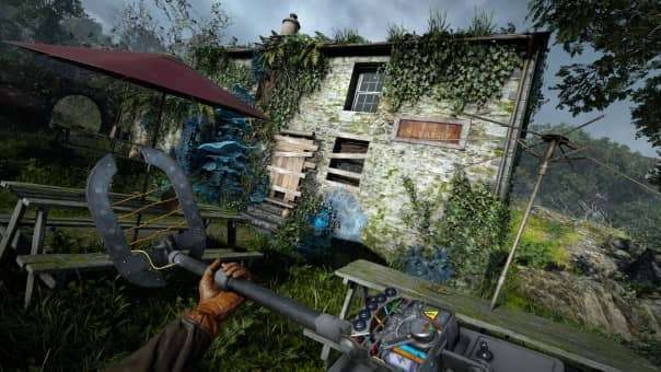 Outside the island pub in Sanctuary Reborn, the protagonist wields a new metal detector with cautious anticipation.
