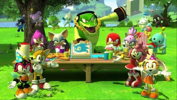 A group shot from the SONIC X SHADOW GENERATIONS review featuring all playable characters, allies, and iconic villains.