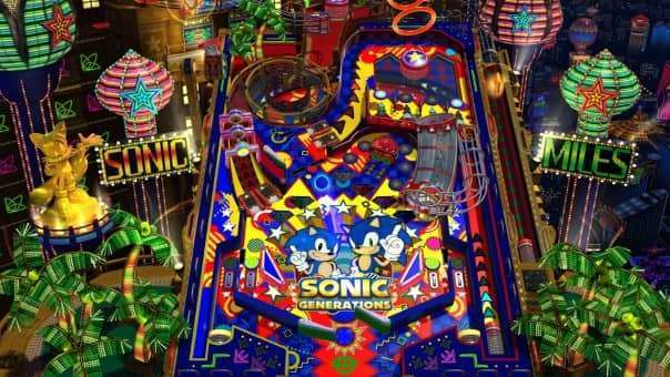 A colorful highlight from the SONIC X SHADOW GENERATIONS review featuring Sonic bouncing through a themed pinball mini-game stage.