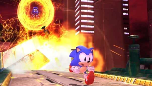 An intense moment from the SONIC X SHADOW GENERATIONS review where Sonic races away from Metal Sonic in a dramatic boss battle.