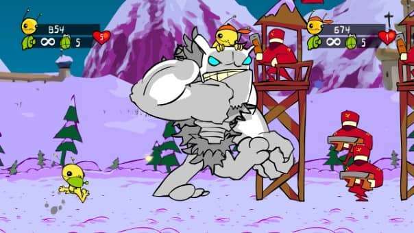 In Alien Hominid HD, the alien faces off against a towering wolf-like boss in a dramatic side-scrolling showdown.