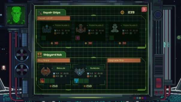 The repair ship interface in the Starless Abyss review, showcasing fleet maintenance and strategic upgrades.