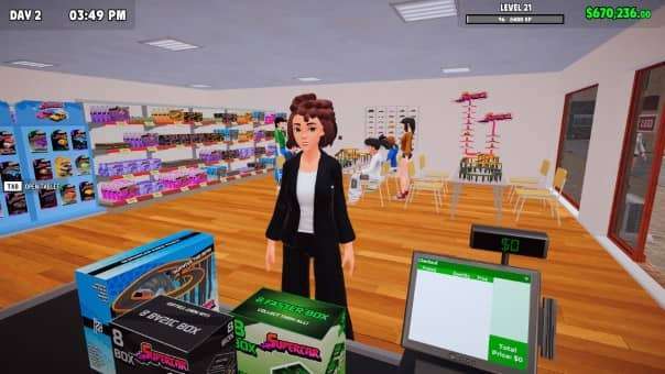 A checkout scene from the Supercar Collection Simulator review, with customers purchasing cars and accessories.