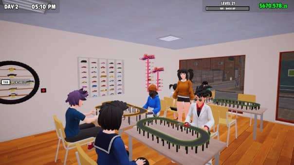 A lively store scene from the Supercar Collection Simulator review, where players gather to compete in racing events.