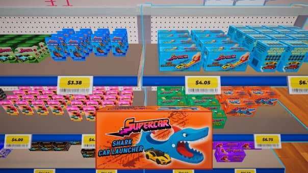 A shelf display from the Supercar Collection Simulator review, showing collectible cars and in-game products for sale.