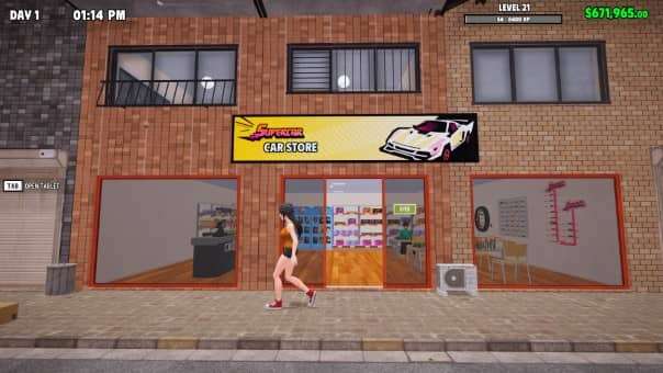 An exterior shop view featured in the Supercar Collection Simulator review, showcasing the in-game car dealership.