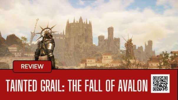 The protagonist of Tainted Grail: The Fall of Avalon overlooks a crumbling town, hinting at the game's brooding atmosphere.