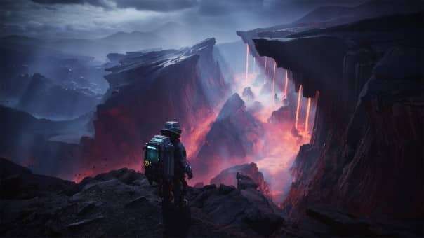 A stunning beauty shot in THE ALTERS review, featuring a vast, glowing lava river under a hazy red sky.