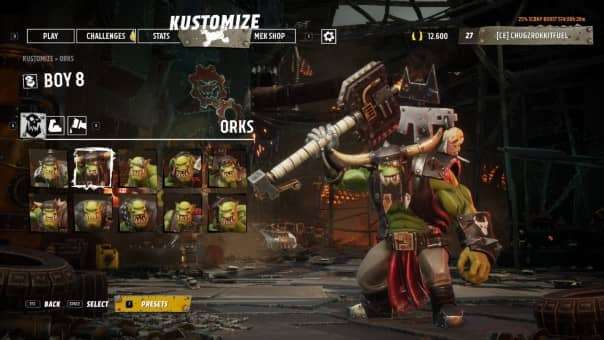 Warhammer 40000: Speed Freeks review showcases the character selection screen, highlighting diverse Ork vehicle choices.
