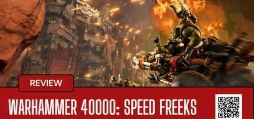 A high-speed combat racing scene from the Warhammer 40000: Speed Freeks review, showcasing intense Ork-fueled action.
