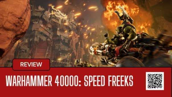 A high-speed combat racing scene from the Warhammer 40000: Speed Freeks review, showcasing intense Ork-fueled action.