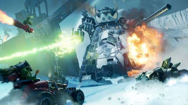A chaotic battlefield in Warhammer 40000: Speed Freeks review, where Ork vehicles clash in a high-stakes objective fight.