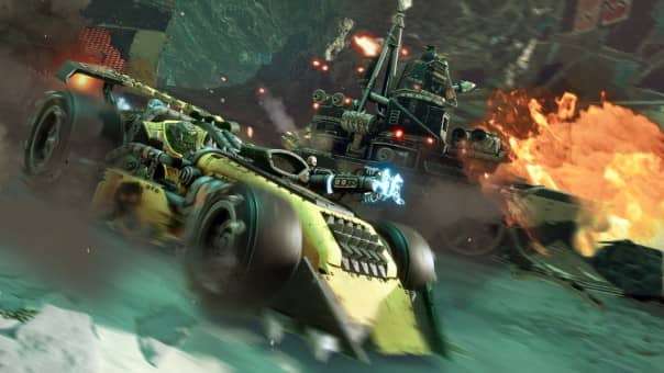 An intense combat moment in Warhammer 40000: Speed Freeks review, with an Ork speeding into action in the sports car.