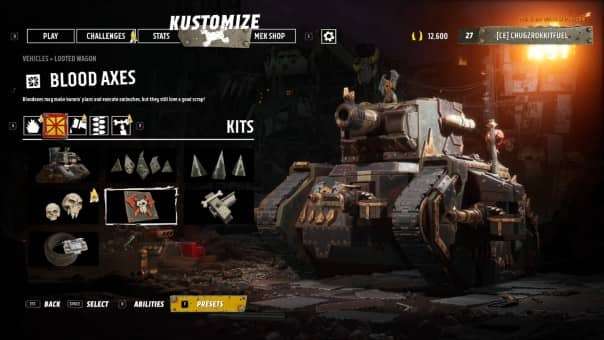 Warhammer 40000: Speed Freeks review showcases the vehicle customization screen, highlighting unique Ork upgrades and modifications.
