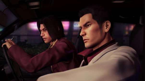 A calm moment from the Yakuza 0 Director's Cut review with Kiryu and Majima driving through the city.
