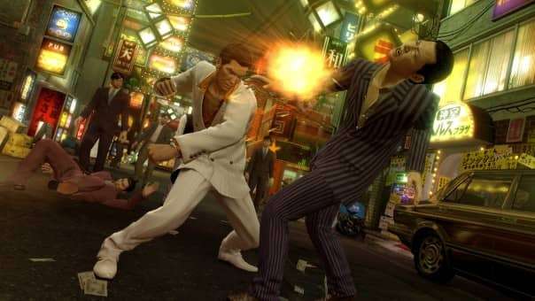 Kiryu facing off against thugs in a gritty street brawl during the Yakuza 0 Director's Cut review
