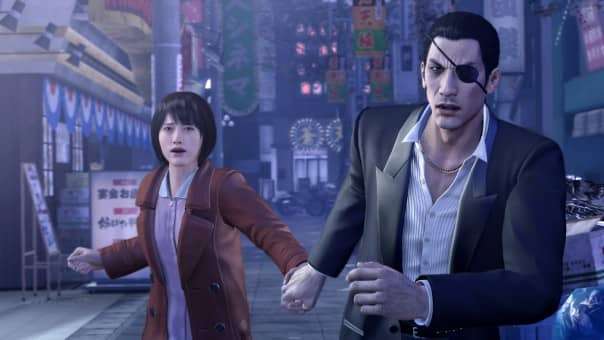 Majima dashing through the city with a young girl in a lively moment from the Yakuza 0 Director's Cut review.