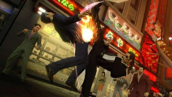 Majima unleashing a fierce scissor kick on a thug mid-street in a striking Yakuza 0 Director's Cut review moment.