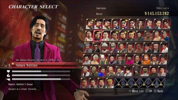 The character select screen from the Yakuza 0 Director's Cut review, highlighting Red Light Raid’s diverse fighter lineup.