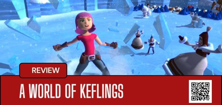 An avatar bursts from a capsule in A World of Keflings, startling mountain villagers in a snowy reveal scene.