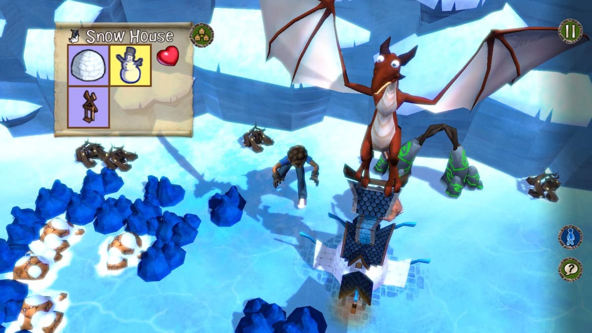 The avatar delivers resources to a playful structure topped with a baby dragon in A World of Keflings’ colorful world.