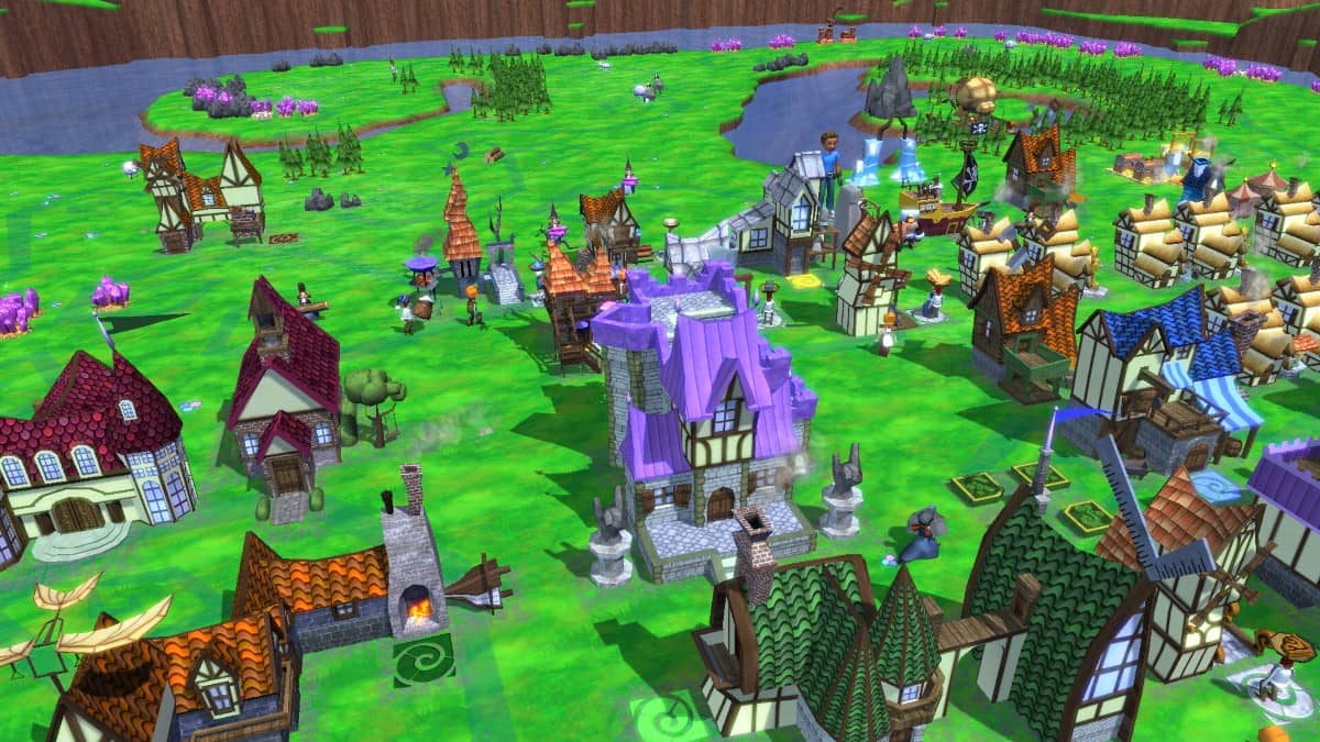 A lively town scene in A World of Keflings with lush grass, blue sky, and the avatar quietly assisting the townsfolk.