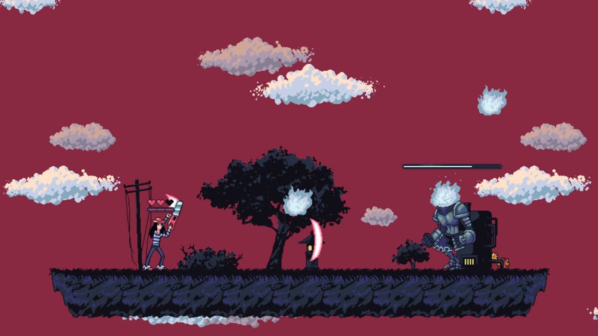 A towering boss enemy looms over the player in ABSURDIKA Rebuild, high on an exposed platform of rugged terrain.