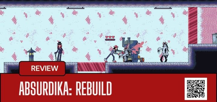 The lead character from ABSURDIKA Rebuild uses her chainsaw on an enemy as others charge her across industrial platforms.