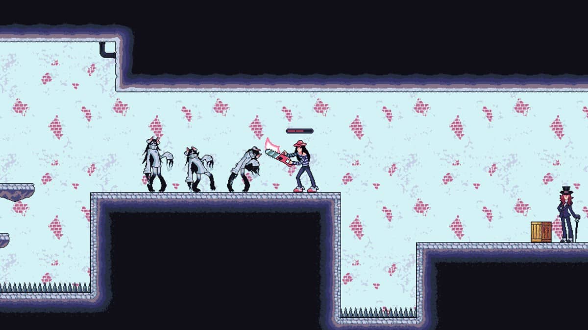 The ABSURDIKA Rebuild protagonist clears multiple enemies mid-jump in a chaotic platforming combat segment.
