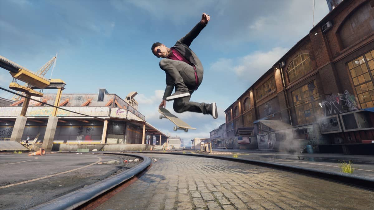 Bam pulls off a casual kickflip while cruising in our Tony Hawk review scene.