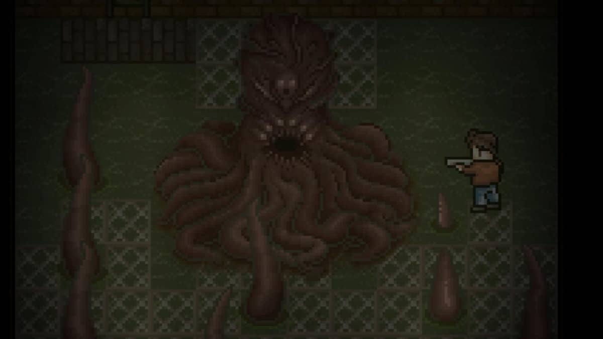 Player confronts a towering Cthulu-inspired creature in Dead of Darkness, framed in retro pixel horror style.