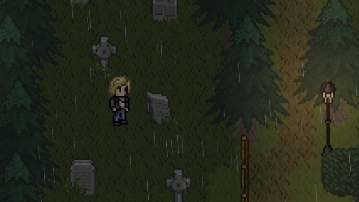 Female protagonist investigates a gloomy graveyard in Dead of Darkness, surrounded by rain and pixel-art atmosphere.