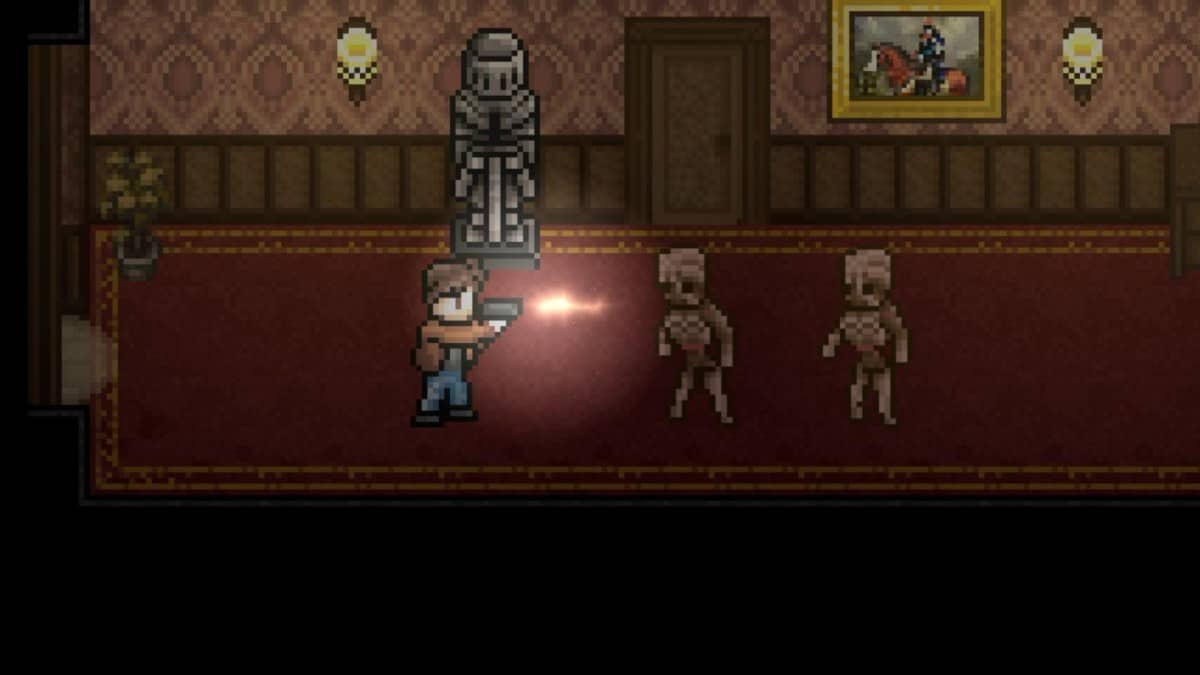 Male protagonist fires at incoming zombies in Dead of Darkness’s mansion hallway, overwhelmed on a blood-red carpet.