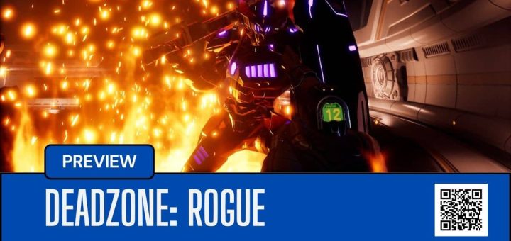 Deadzone Rogue player faces a towering fire-spewing boss armed only with a pistol, capturing the intensity of key encounters.
