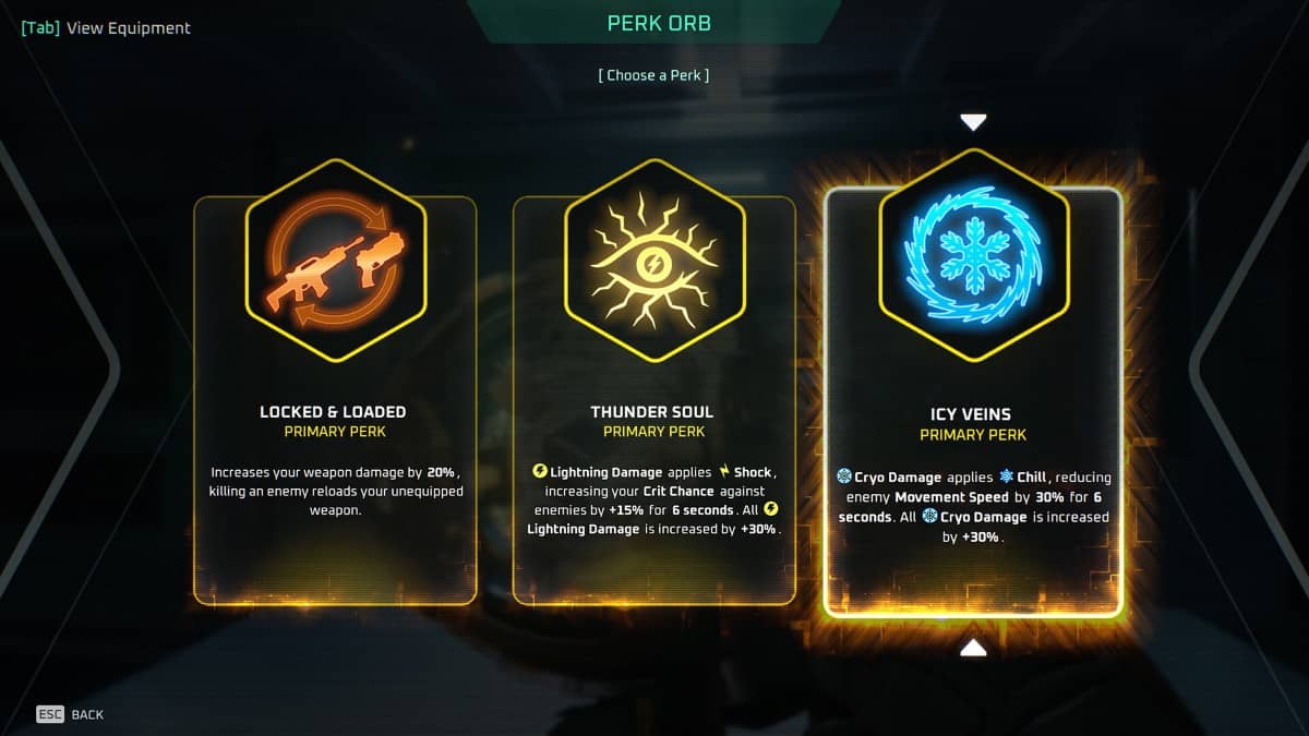 Deadzone Rogue perk selection screen appears after clearing a room, offering strategic upgrade choices for the next sector.