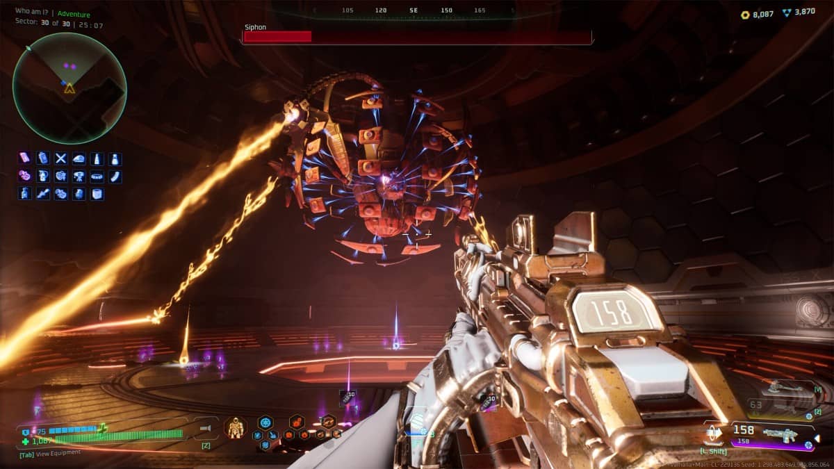 Deadzone Rogue boss Siphon unleashes chaotic energy during a tense fight, with the player dodging blasts armed only with a pistol.