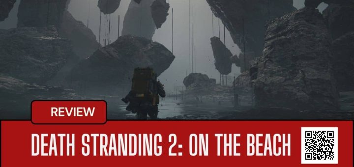 Sam carries a full load through rocky terrain in Death Stranding 2: On the Beach as stranding drips from jagged cliffs.