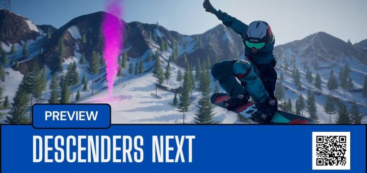 A snowboarder mid-air in Descenders Next as pink checkpoint flares light up snowy mountain terrain