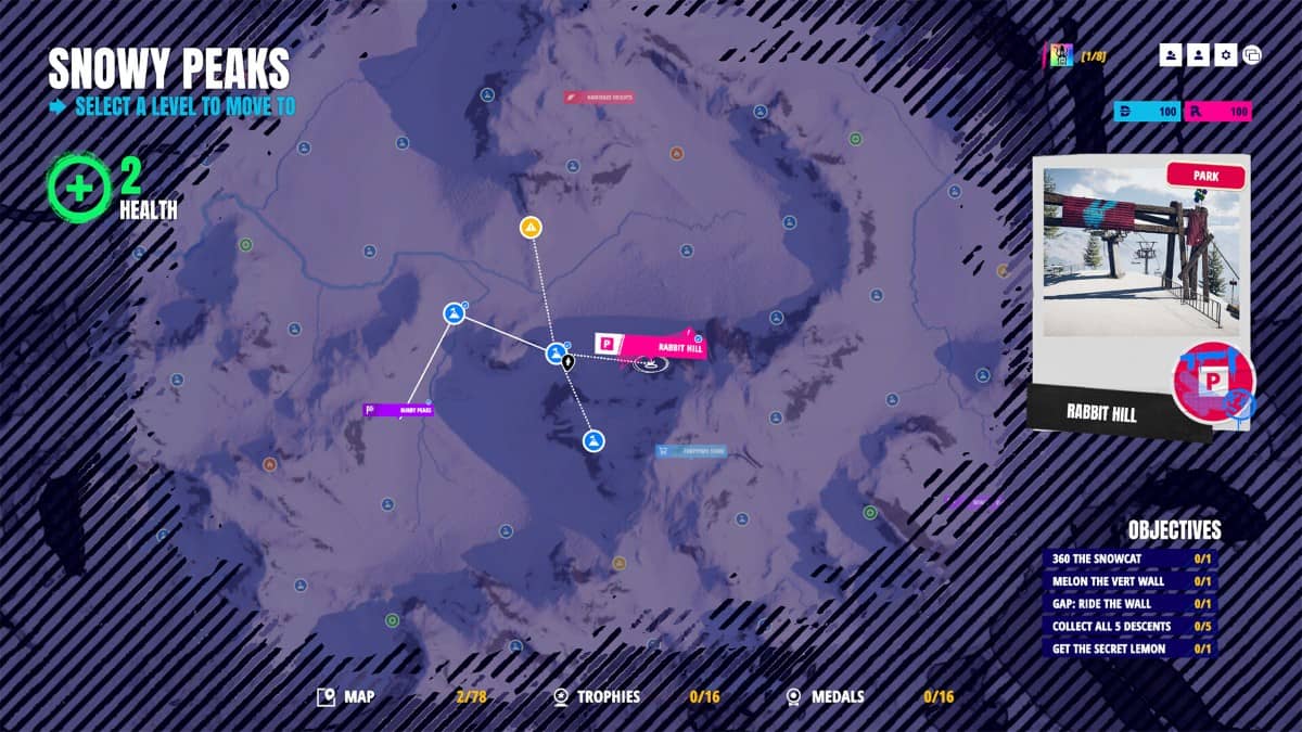 Descenders Next map screen showing branching paths and route choices that shape each snowboarding adventure