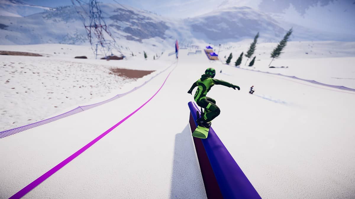 A snowboarder grinding a long rail down a snowy mountain in Descenders Next as terrain unfolds below